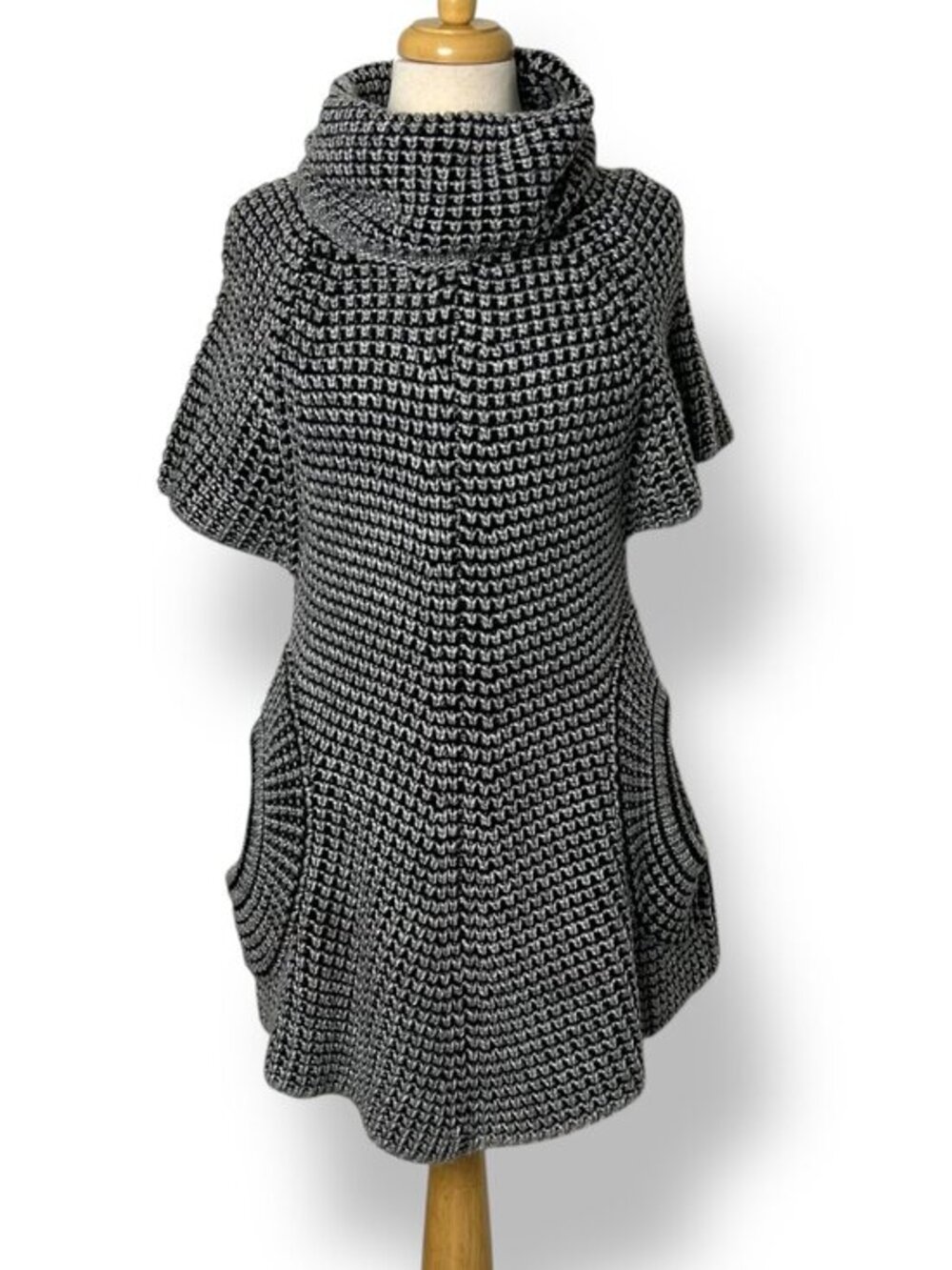Vintage Navy Gray Short Sleeve Sweater Dress Swing Loose Turtle Neck Sz S/M